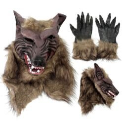 Dark Olive Green 1/2PC Latex Rubber Wolf Head Hair Mask Werewolf Gloves Party Scary Halloween Cosplay