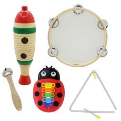 Light Gray 5-Piece Set Orff Musical Instruments Fish Frog/Hand Tambourine/Single Bar Bell/Music Triangle Iron/Beetle Five-tone Aluminum Piano
