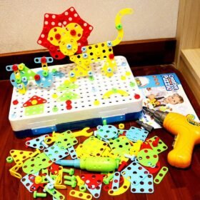 Yellow 237 Pcs Creative Mosaics 3D DIY Assemble Electric Drill Puzzle Building Blocks Peg Educational Toy for Kids Gift