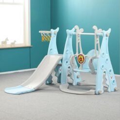 Steel Blue 3 IN 1 Large Size Kids Playground Slide & Swing & Basketball Hoop DIY Assembly Set Toys