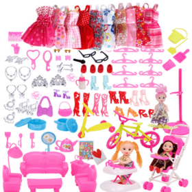 Firebrick 118 Pcs Plastic Radom Doll Clothes Hanging Skirt and Other Accessories Toy Set for Doll Gift