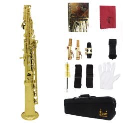 Dark Khaki Brass Straight Soprano Sax Saxophone Bb B Flat Woodwind Instrument Natural Shell Key Carve Pattern with Carrying Case