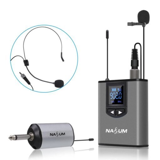 NASUM UHF Wireless Headset Microphone/Lavalier Lapel Mic with Bodypack Transmitter and Mini Rechargeable Receiver 1/4'' Output