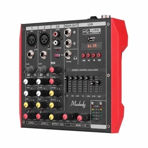 Dark Slate Gray ELM D4 4 Channel Audio Bluetooth Mixer Mixing Console with 7-Band EQualizer USB Phantom Power 48V