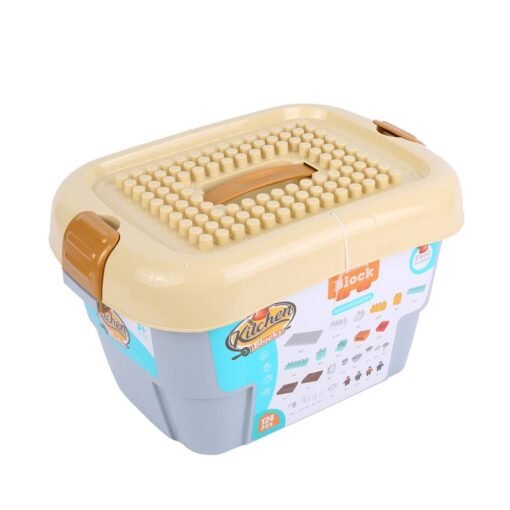 Wheat Goldkids HJ-35008A 124PCS Kitchen Series Rectangular Tote Bucket DIY Assembly Blocks Toys for Children Gift