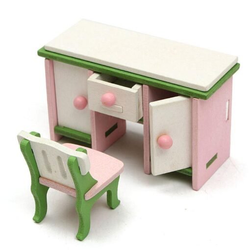 Gray Dollhouse Miniature Bedroom Kit Wooden Furniture Set Families Role Play Toy