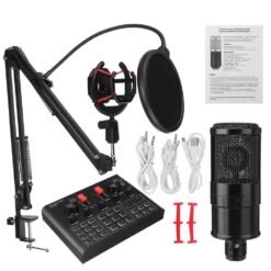Black K16 Condenser Microphone with V9X PRO Sound Card Mic Kit DSP Noise Reduction Karaoke Studio Live Set